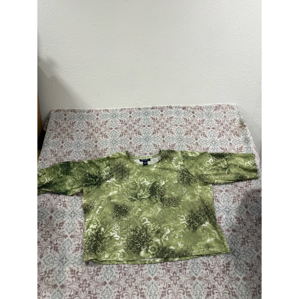 Denim & Co Green Damask Medallion Print 100% Cotton 3/4 Sleeve Top 2X A87115